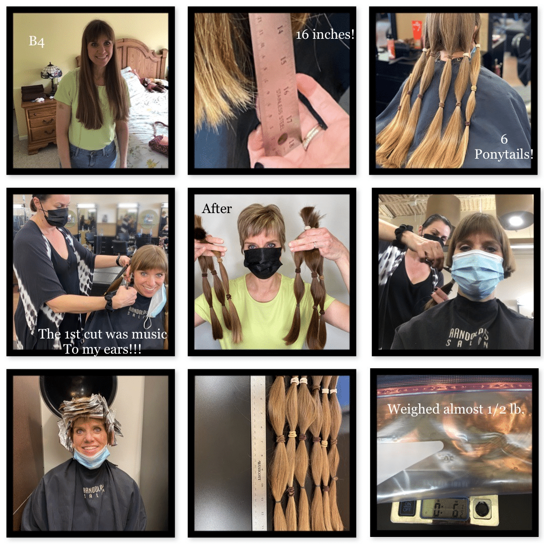 A collage of photos that show the process of Lesley getting her hair cut.